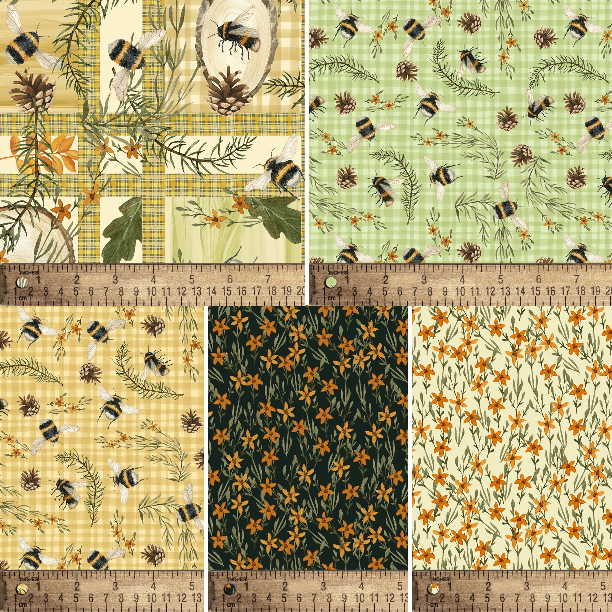 David Textiles 18" x 21" 100% Cotton Bee Story, Multi-color, for Quilting & Sewing, 5 Pieces