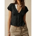 thumbnail image 2 of Women'S Lace Trim V Neck Blouse Short Sleeve Shirred Shirt Tops Summer Vacation Clothes, 2 of 6
