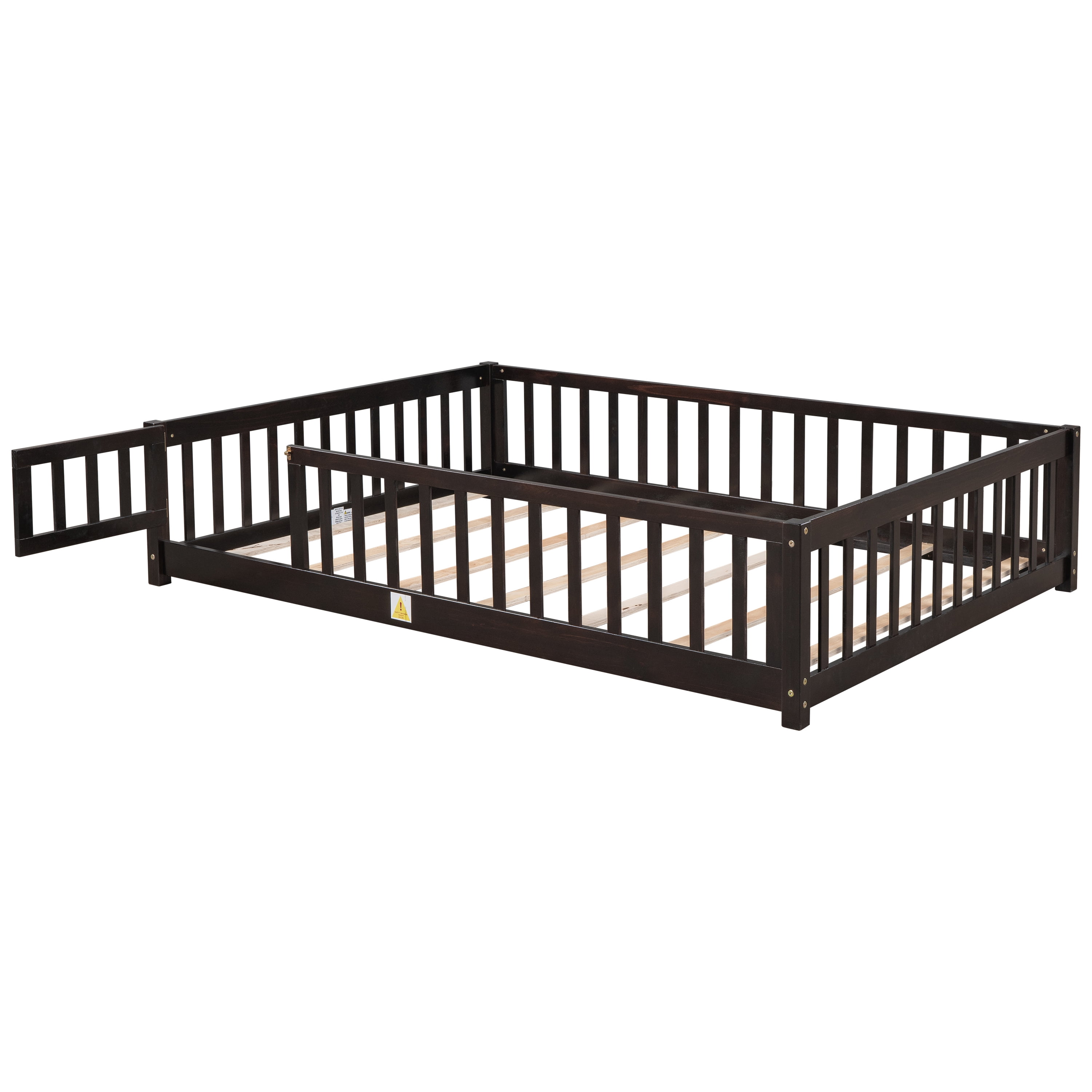 Miniyam Full Kids Floor Bed with Fence Door, Montessori Wood Platform Bed Frame with Slats, Espresso
