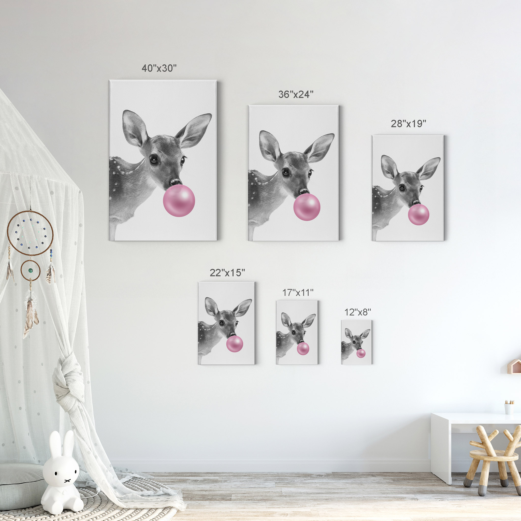 Smile Art Design Baby Deer Animal Bubble Gum Art Pink CANVAS PRINT Black  and White Wall Art Home Decoration Pop Art Living Room Kids Room Decor  Nursery Ready to Hang Made in