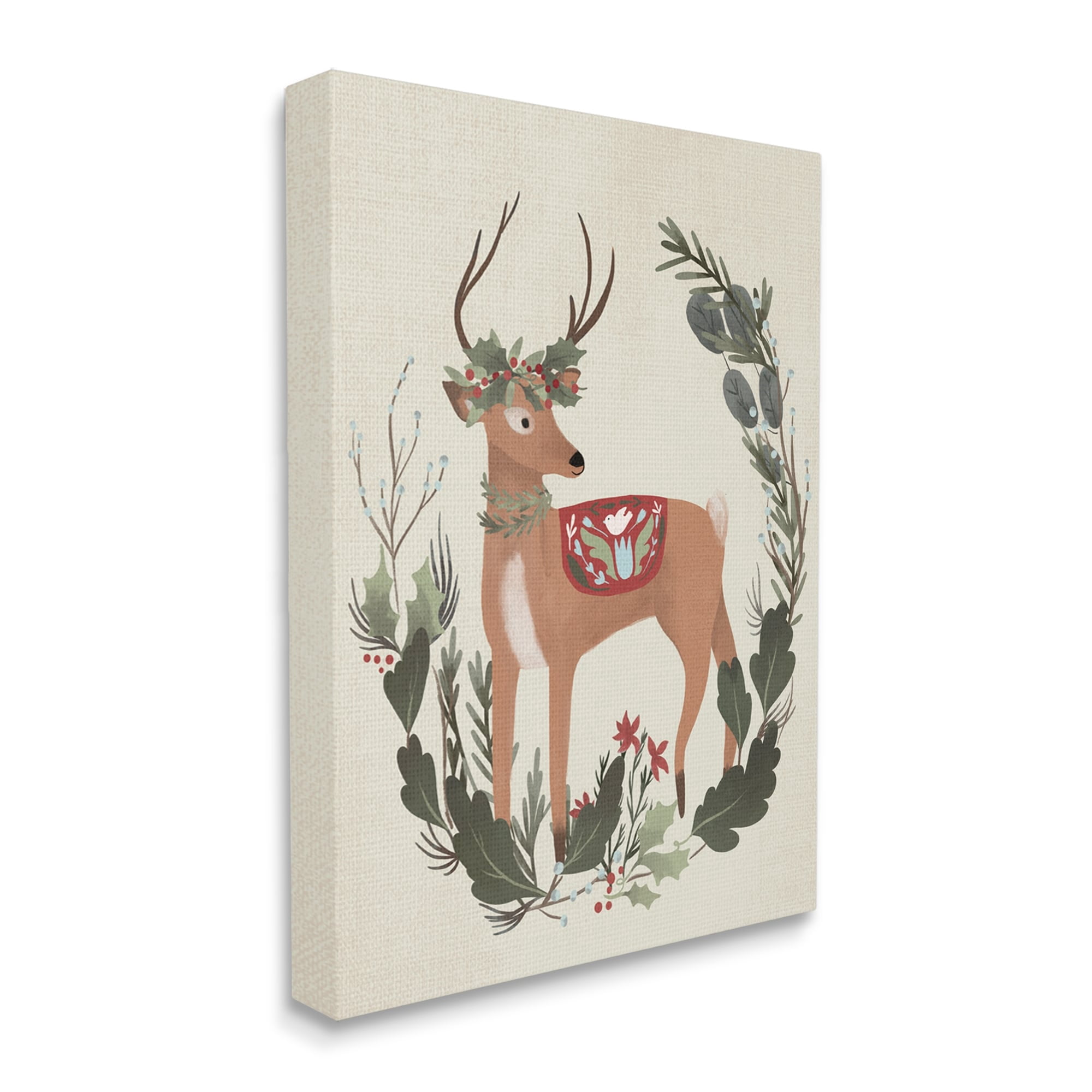 Peaceful Deer Festive Holiday Leaf Border Collage Animals & Insects Painting Gallery-Wrapped Canvas Print Wall Art