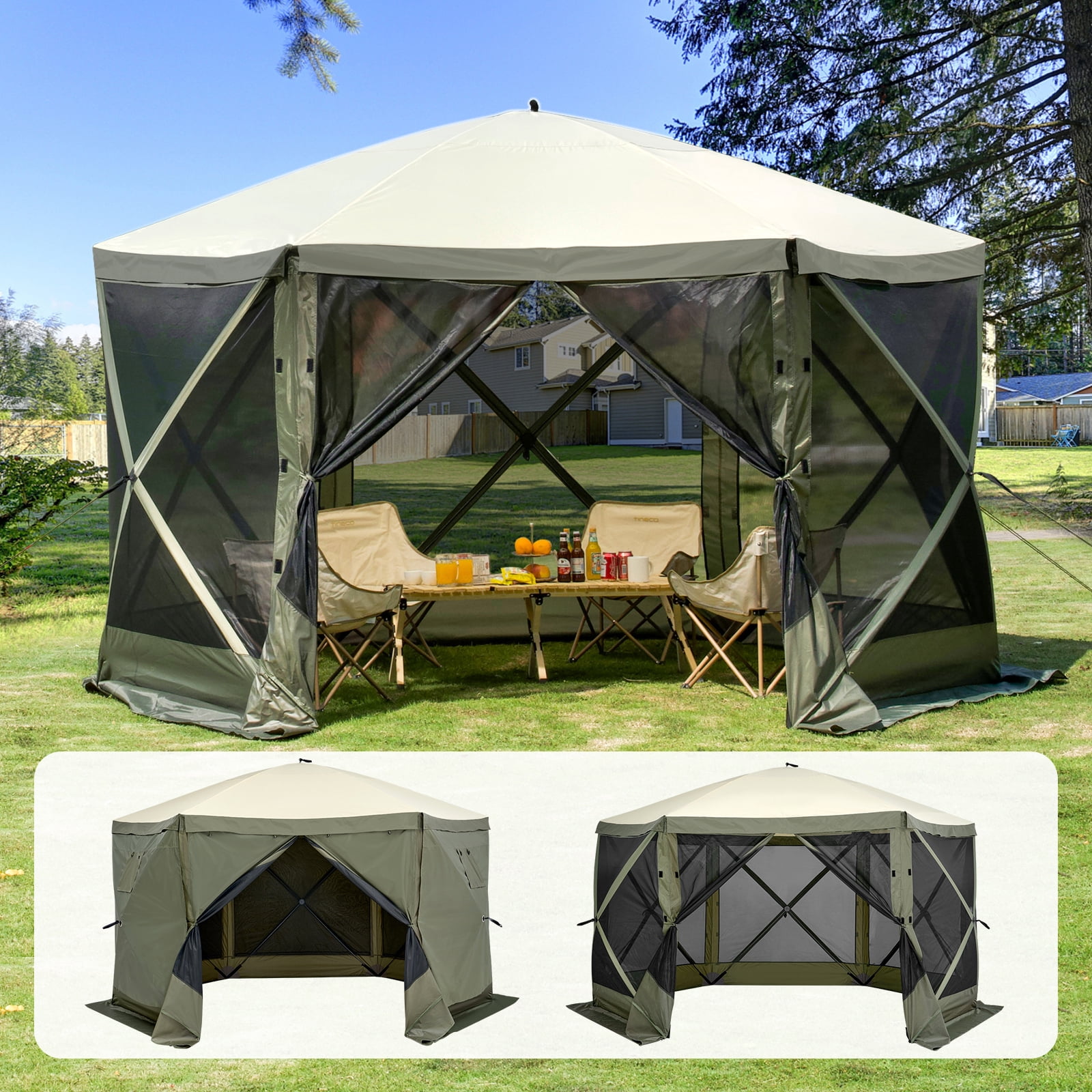 KFFKFF Pop-Up Canopy Tent, 6-Sided Screen Shelter with Detachable Wind Panels & Mesh Windows, 12x12FT Instant Screen House with Bug Netting, Army Green
