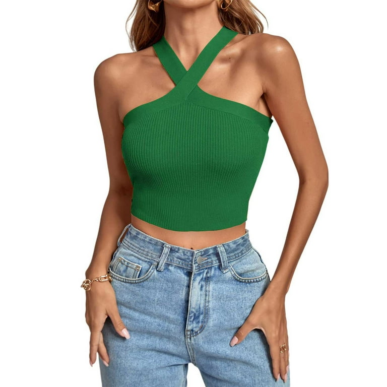 PIMOXV Halter Tops for Women Summer Slim Solid Color Ribbed Criss Cross V Neck Sleeveless Cropped Tank Shirts Plus Size Blouses for - Walmart.com