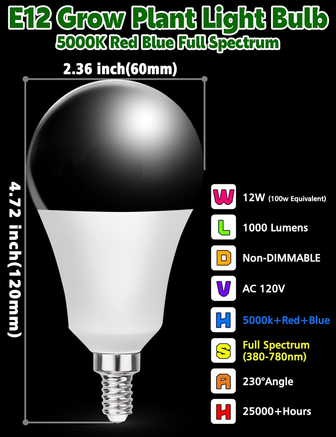 shiyou-2 Pack E12 Small Candelabra Base LED Grow Light Bulbs Full Spectrum,  12W Sun Grow Plant Light Bulb 100w Equivalent, Balanced Spectrum 5000K Red  Blue Grow Bulb for Flower, Seed Starting, Indoor -