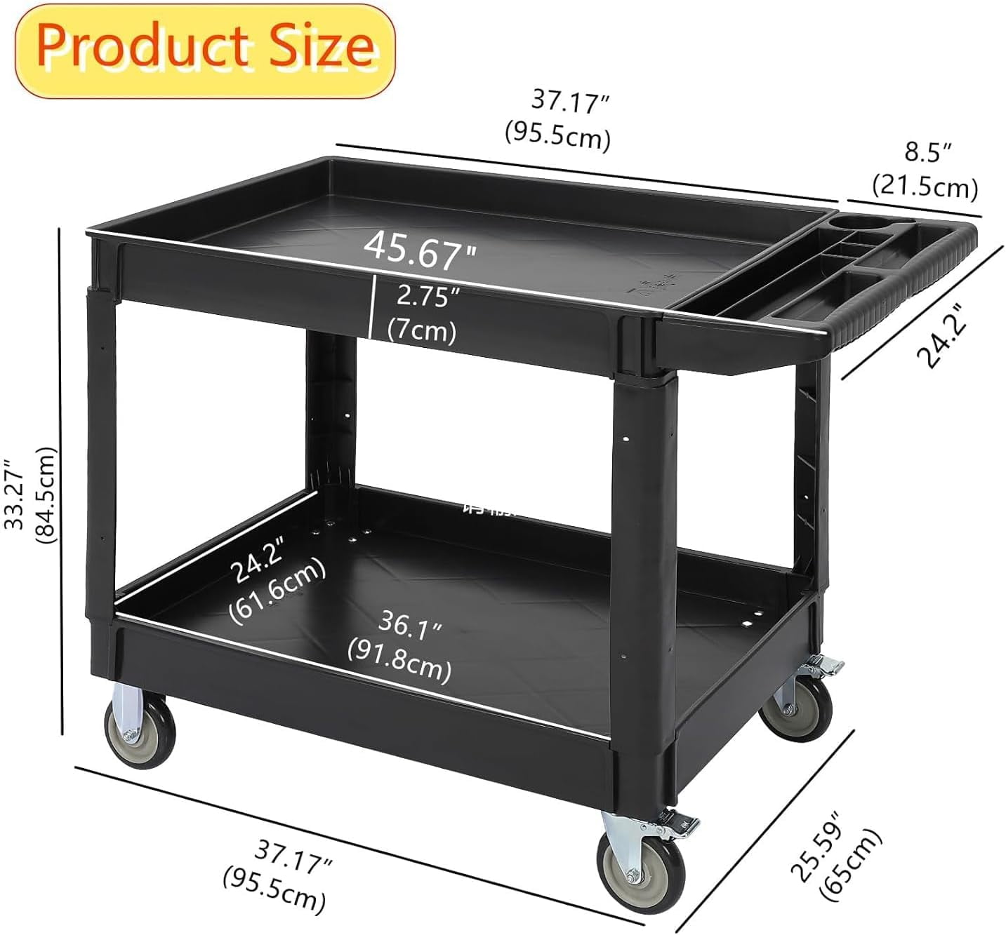 M optimized Utility Cart 2-Shelf Service Cart with Storage Handle, 500lbs Capacity, for Warehouse Garage Cleaning Manufacturing