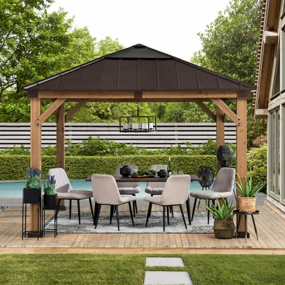 Sunjoy Amari Outdoor Patio 11 ft. x 11 ft. Cedar Framed Gazebo with Brown Steel and Polycarbonate Hip Roof Hardtop