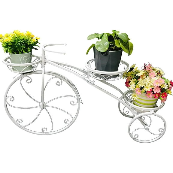 Bilot Tricycle Plant Stand, Flower 3 Pots Cart Holder Planter Rack, Patio Stand Holder Displaying Plants Flowers, Parisian Style Plant Stand Ideal for Home Garden Yard Outdoor (White)