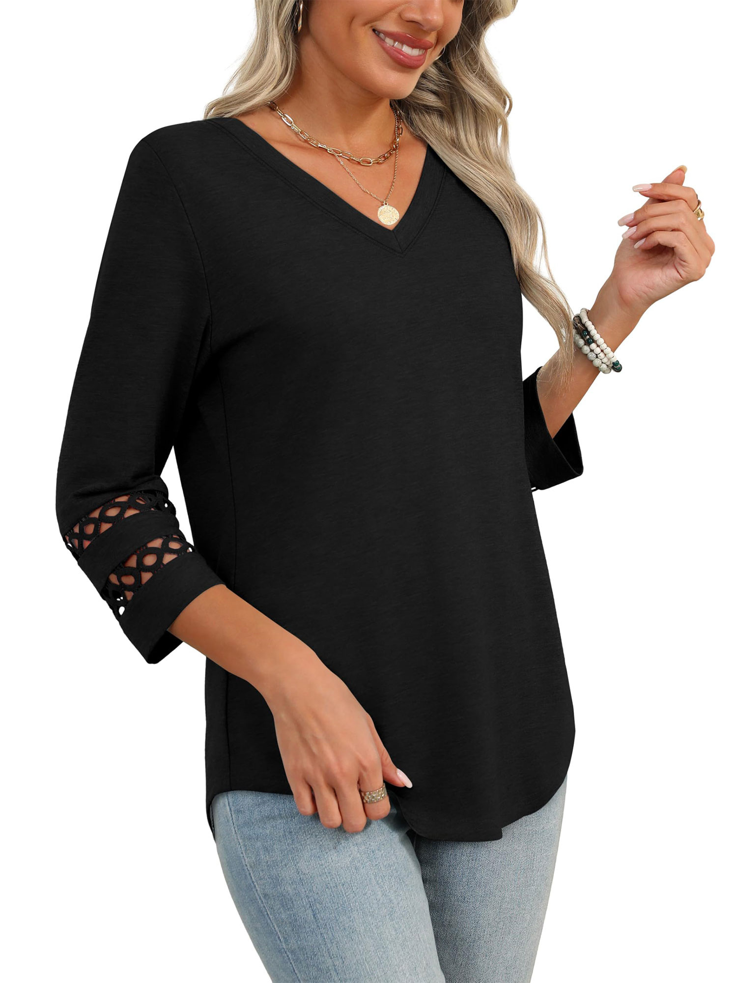 Poentab Women's 3/4 Sleeve V-Neck Blouse with Lace Details photo 5