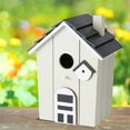 thumbnail image 5 of Bird House with Black Stepped Roof, Rustic Beige, Modern Farmhouse Panels, Applied Arched Window Details, Perch, 8 Inches, 5 of 6