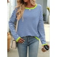 thumbnail image 2 of Womens Sweaters Long Sleeve Crew Neck Color Block Striped Casual Knitted Pullover Tops Blue M, 2 of 6