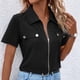 thumbnail image 3 of Camiseta de mujer de manga corta con bolsillos delanteros, color negro, talla S, perfecta para viajar Blusa de verano con botones y cremallera, 3 of 6