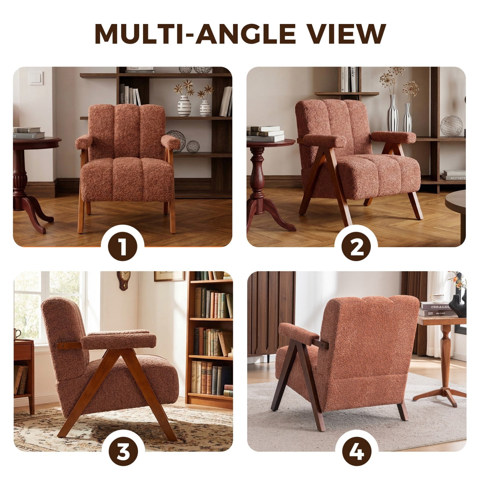 Mid-Century Modern Accent Chair Set of 2, Cloud-Shaped Chenille Lounge Armchair with Solid Oak Wood Frame, Upholstered Reading Chair for Living Room Bedroom Balcony, Rust Red