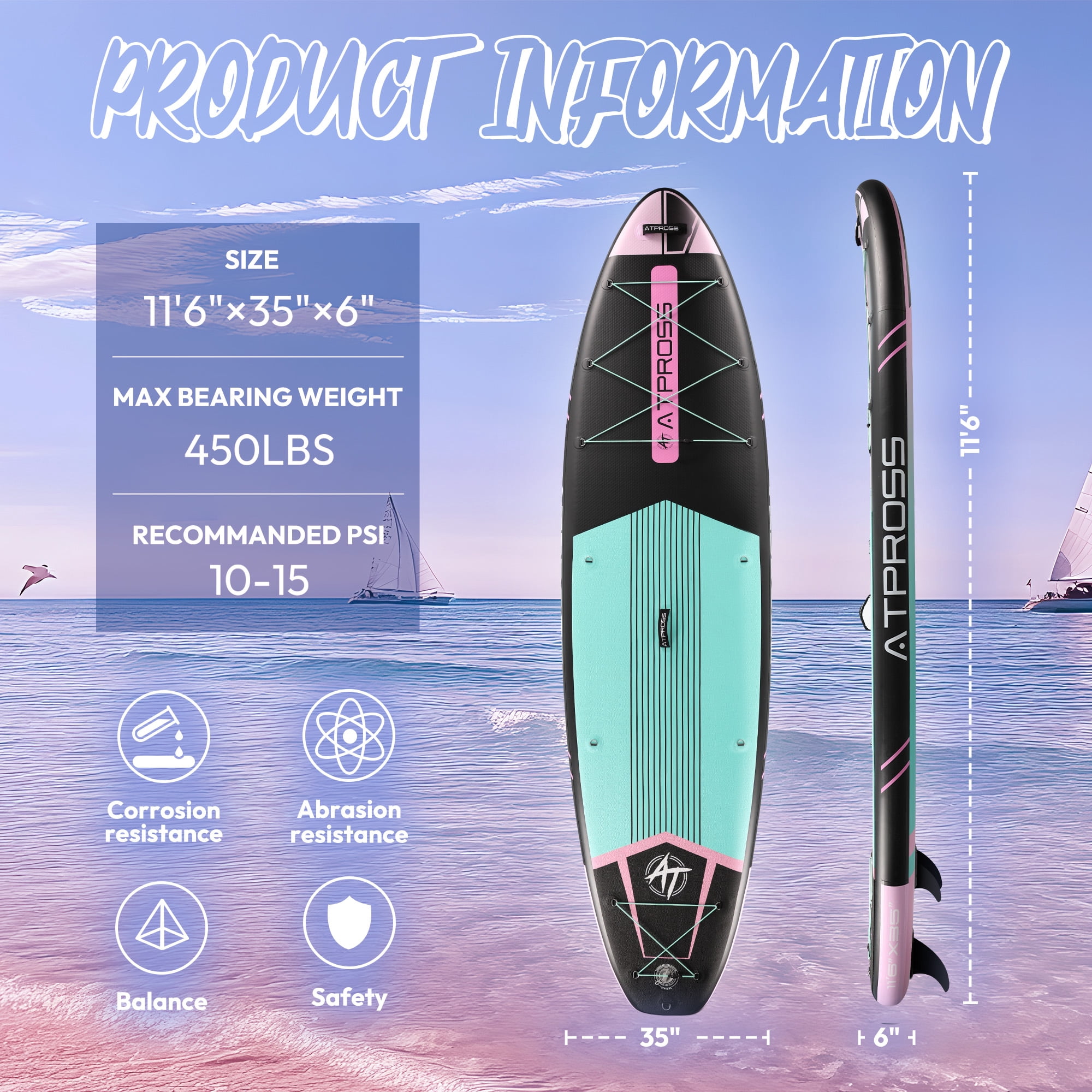 Ultifit Inflatable Paddle Board Extra Wide 450 Lbs Capacity Anti-Slip Design with SUP Accessories and Seat 11'6" x 35" Pink