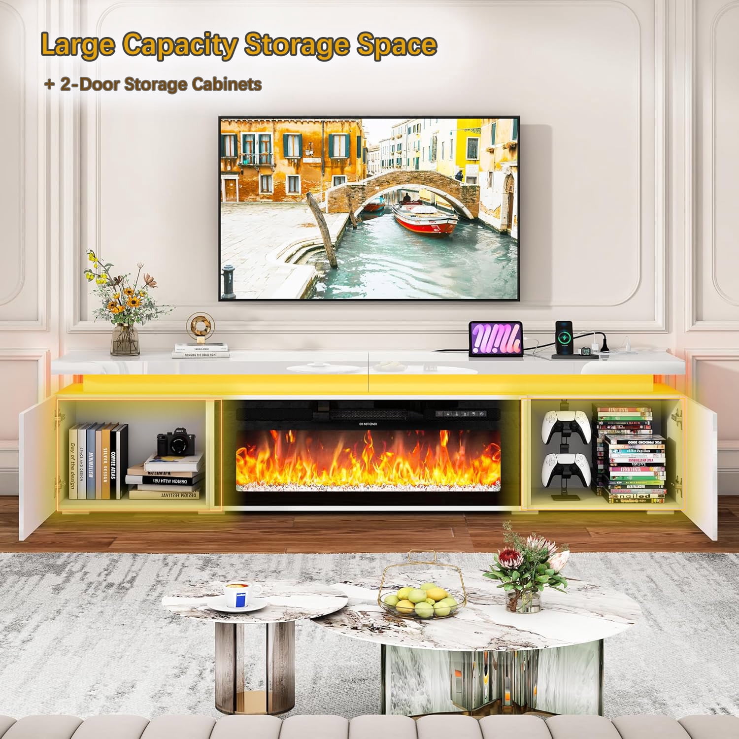 70" LED TV Stand with 40" Fireplace for Modern Living Room, Glossy Fireplace TV Stand Gaming Entertainment Center with Power Outlet for 85/80/75 Inch TVs