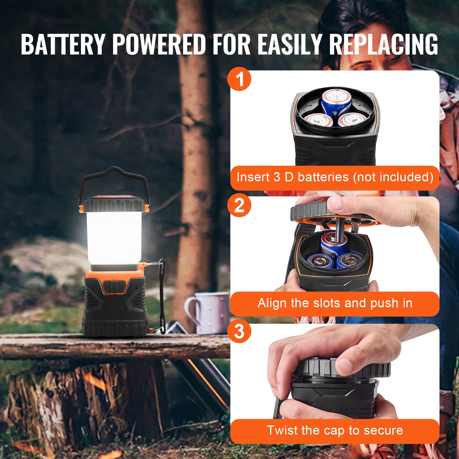 VEVOR LED Camping Lantern, All-in-one, 1000LM, 360° Illumination, 4 Lighting Modes, Battery Powered Light, Outdoor Robust Flashlight, Built to Last Light, Ideal for Hiking Fishing Outages Repairs
