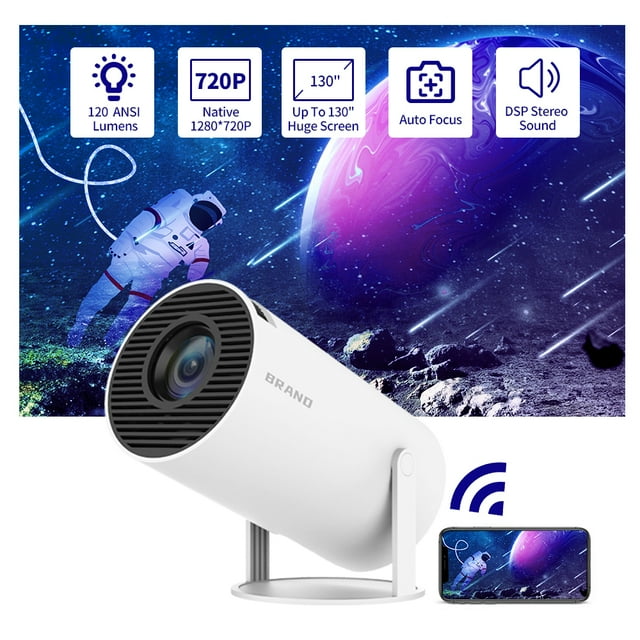 Syson HY300 Smart Mini Projector, Android 12, 180 ANSI Lumens, Native 720P, WiFi & Bluetooth, HDMI/USB Home Theater Projector
