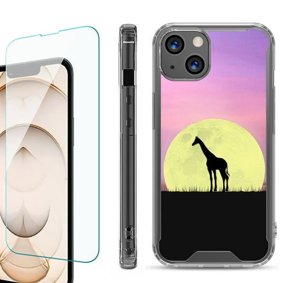 Shockproof Bumper Phone Case for iPhone 13, with Tempered Glass Screen Protector, by OneToughShield ® - Moonlight Giraffe