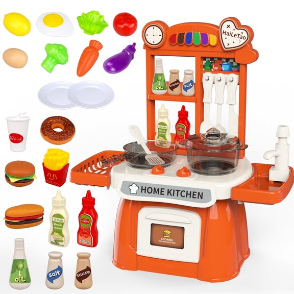 Kitchen Playset, Pretend Play Food Toys Kitchen Set for Boys and Girls Ages 3-5,Toy Kitchen Cooking Set Accessories for Toddlers Girls Boys Gift， Interactive Play w/ Real Sounds&Light