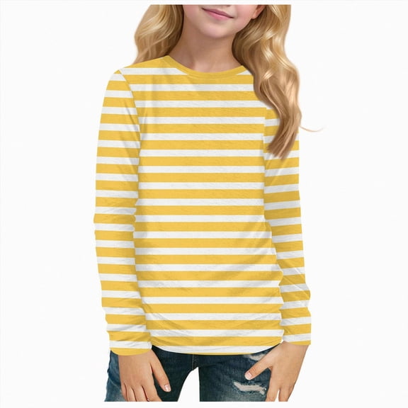Nwiuh Girls Striped Long Sleeve Shirts Drop Shoulder Casual Fashionable Crewneck Blouse Tee Tops(Yellow,7-8 Years)