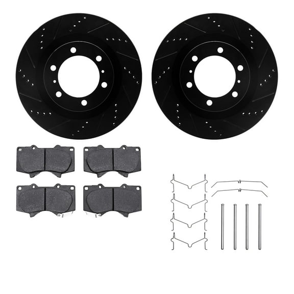 Dynamic Friction Company Front Brake Rotors-Drilled and Slotted-Black with Ultimate Duty Performance Brake Pads includes Hardware 8412-76022