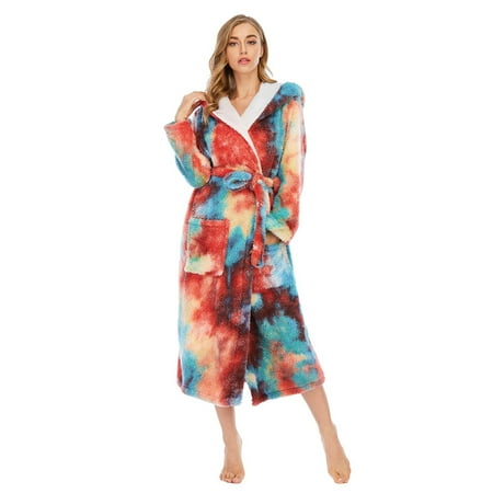 

Yotyukeb pajamas for women Women Colorful Tie-Dye Coral Fleece Double Pockets Thick Loose Hooded Home Robe Multicolour