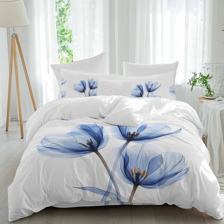 Blue Tulip Queen Duvet Cover Set Abstract Flower Texture Pastoral Plant Botanical 4 Piece Microfiber Bedding Set with Zipper Closure Bed Sheet and 2 Pillow Shams Soft Bedding Cover