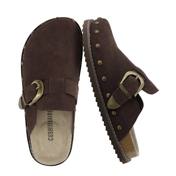 Cushionaire Bronco Slip on Mule Shoes for Women | Genuine Suede Leather Clogs with Adjustable Buckle | Studded Detailing Mule Clogs for Fall Outfits