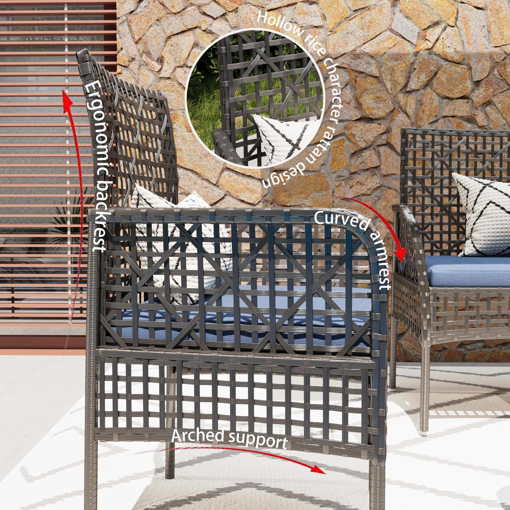4-Piece Rattan Patio Furniture Set, Outdoor Table & Chairs Set with Cushions, Balcony Porch Garden Backyard Lawn Patio Conversation Set, Acacia Wood Table Top