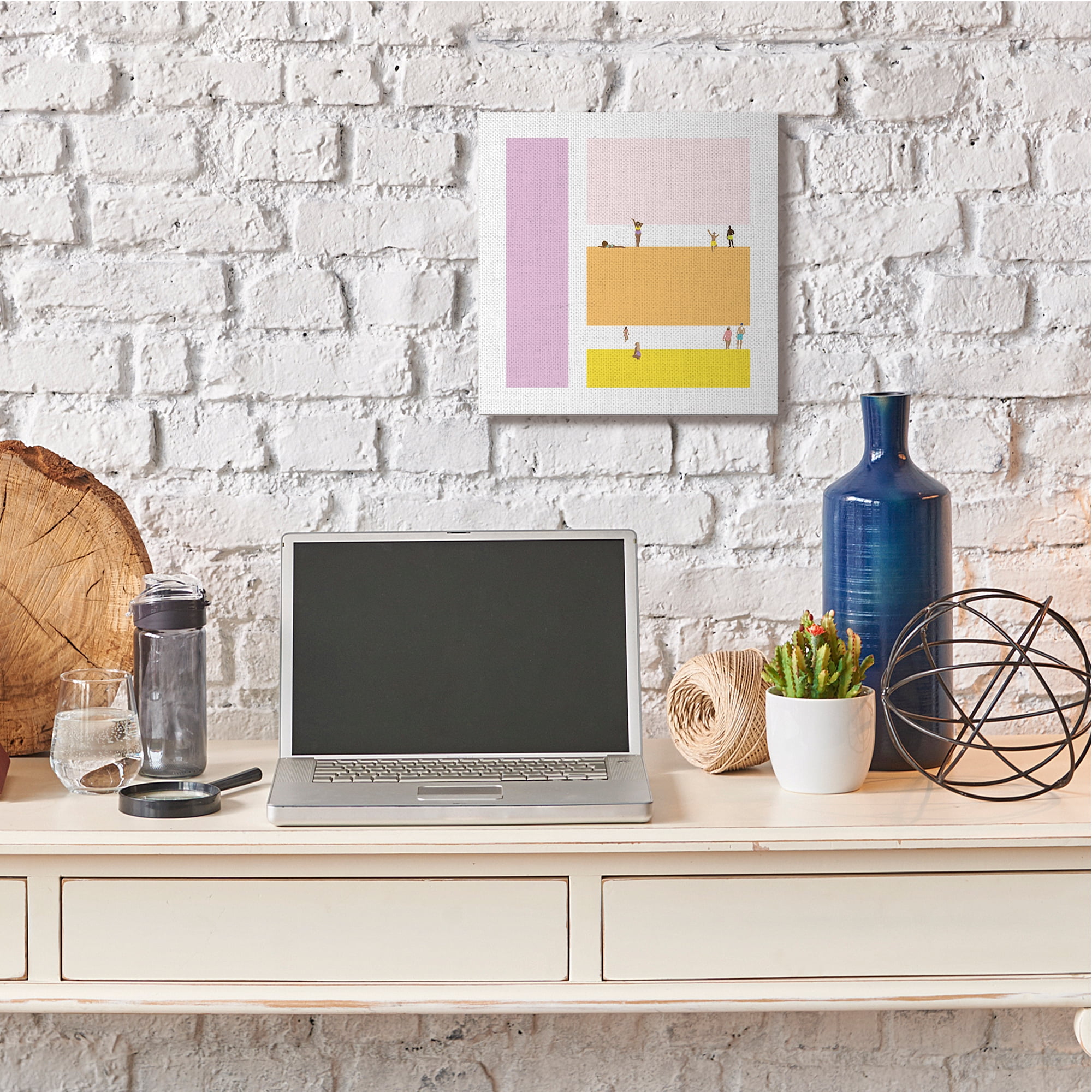 Beach Goers on Warm Geometric Block Pattern Coastal Gallery-Wrapped Canvas Print Wall Art, 17x17