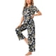 thumbnail image 4 of INSPIRAR CHIC Conjunto de Pijamas de Satén para Mujeres, Top de Manga Corta de Seda con Flores y Pantalones, 2 Piezas, Pijamas XS Flores Negras, 4 of 5