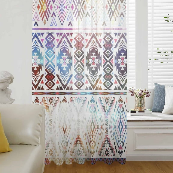 Colorful Southwestern Semi Sheer Curtains Drapes for Living Room, Bedroom, French Doors Window 96 Inches Long, Modern Geometric Abstract Art Rod Pocket Chiffon Curtain Drapery Voile Draperies Panel