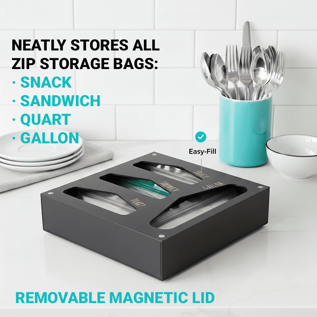 OnDisplay Luxe Acrylic Kitchen Drawer Zip Food Storage Bag Organizer (Black)