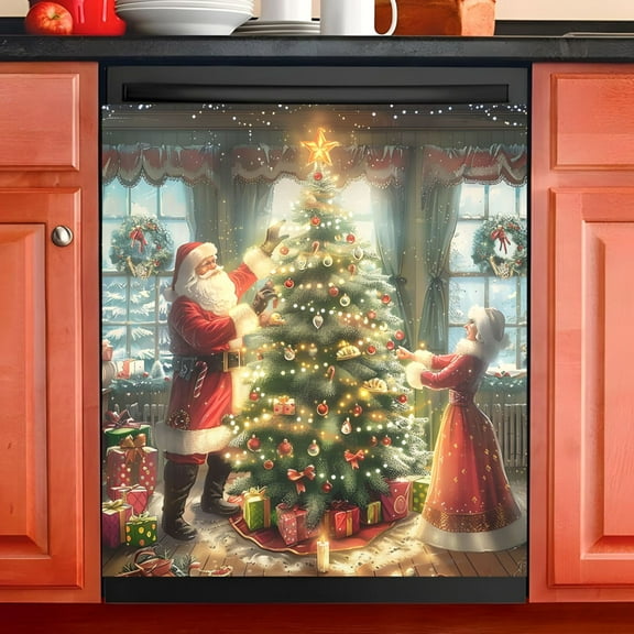 Ryvnso Santa Claus Christmas Tree Dishwasher Magnetic Refrigerator Magnet Cover Kitchen Home Decorative 23"x26"