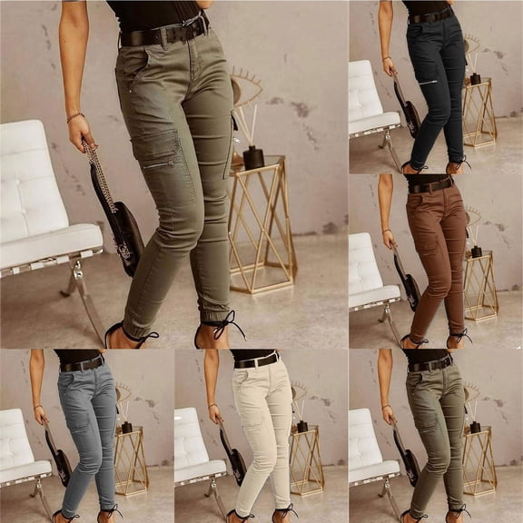 FRSASU Women fashionable casual button High Waist Cargo Leggings Workout Leggings Tummy Control with Pocket casual pants Khaki