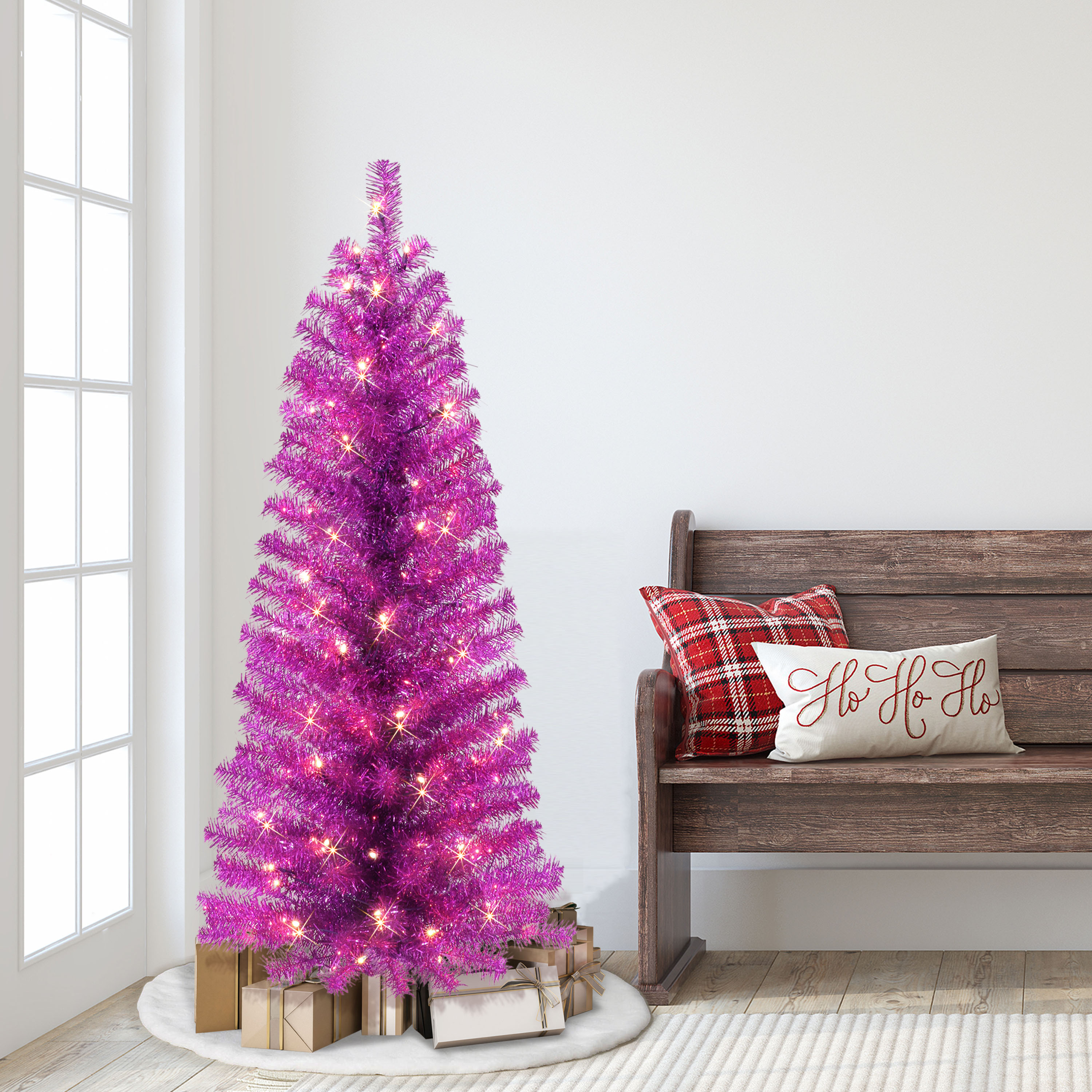 4.5 ft Pre-lit Purple Tinsel Tree 160 Tips 70 UL Clear Incandescent Lights