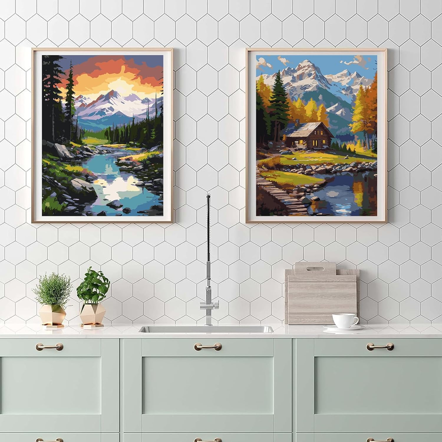 Qoosea 4 pack Paint by Numbers Kit for Adults with Frame, Paint by Number with Wooden Easel Diy Landscape Paint Kits for Adults for Home Decor Wall Decor 11.8x9.4inch