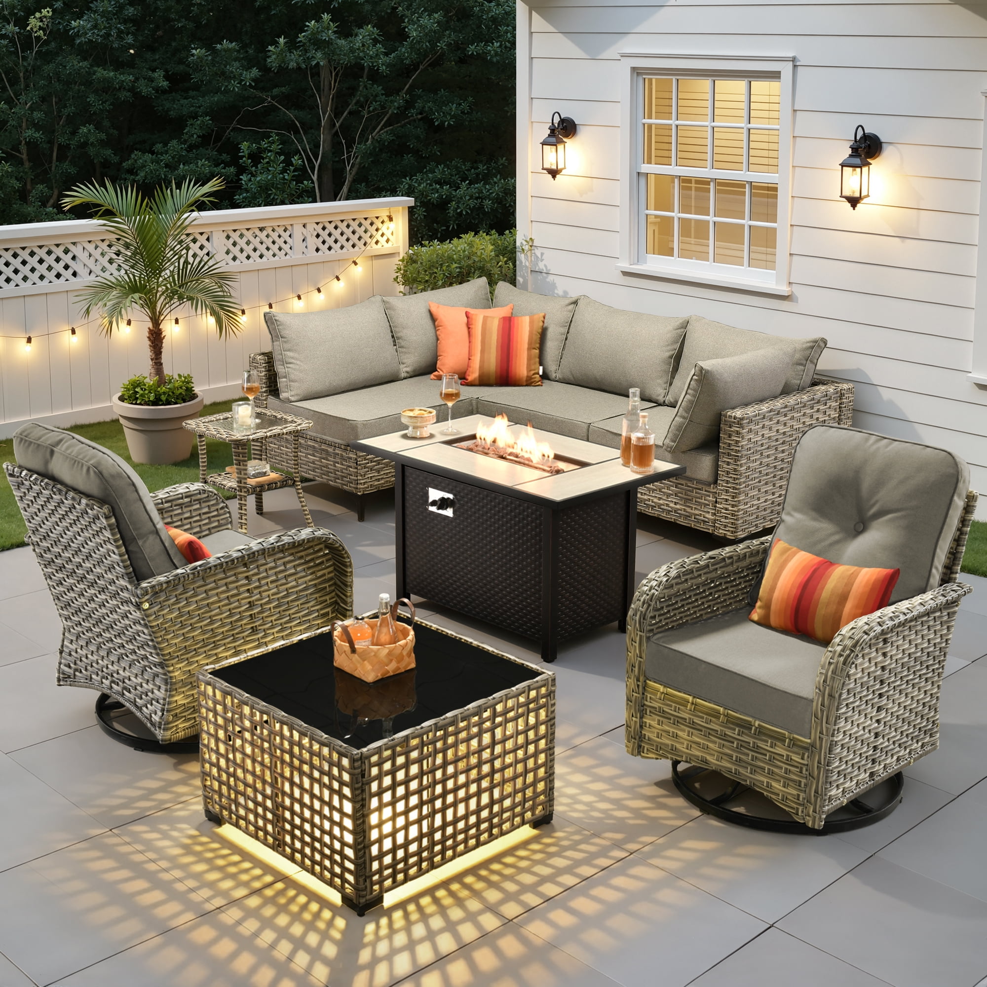 Ovios Outdoor Patio Furniture Set 9 Pieces Rattan Wicker Sectional with 42" Gas Fire Pit, Swivel Chairs, Solar Table, Dark Gray