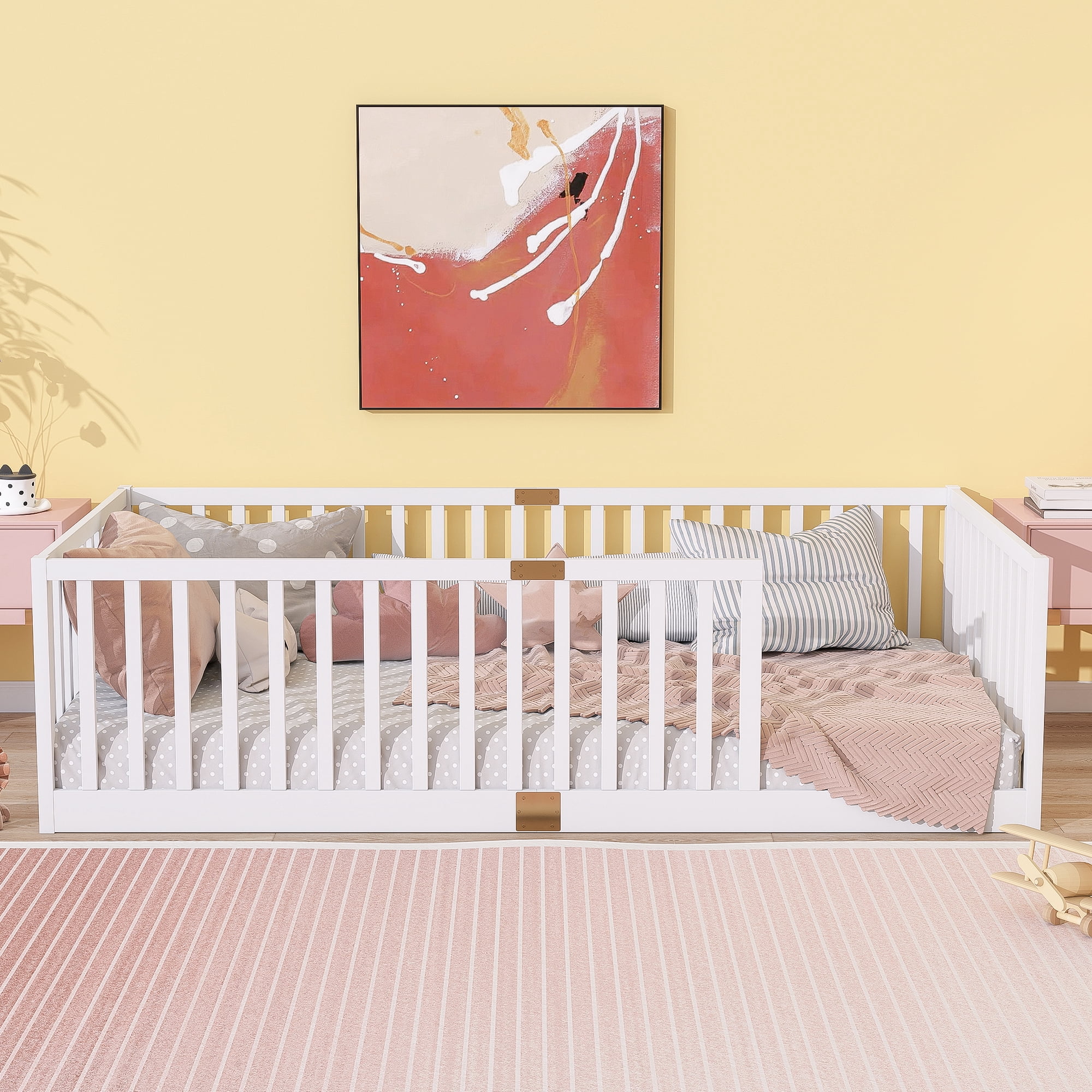 Sailvan Twin Floor Bed with High Fence Railings, Solid Rubber Wood Kids Platform Bed Frame White