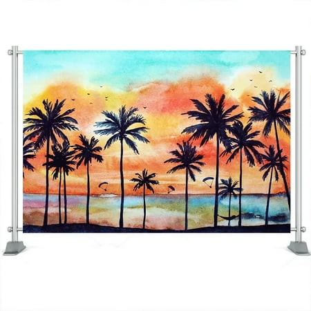Image of Sunset Coconut Tree Backdrop Summer Sandy Beach Portrait Waves Oil Painting Background Kids Child Adult Photostudio