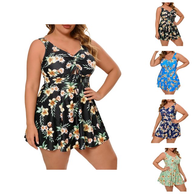 Womens Swimsuits Tankini 2026 Trendy Plus Size Modest Flowy Swim Dress with High Waisted Bottom Two Piece Bathing Suits Woman