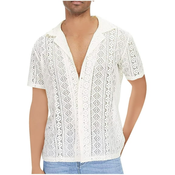 FAIWAD Men's Mesh See Through Lace Shirt Short Sleeve Workout Gym T-Shirts Party Club Tee Top