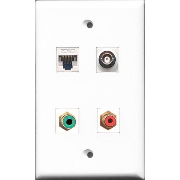 RiteAV - 1 Port RCA Red and 1 Port RCA Green and 1 Port BNC and 1 Port Cat5e Ethernet White Wall Plate