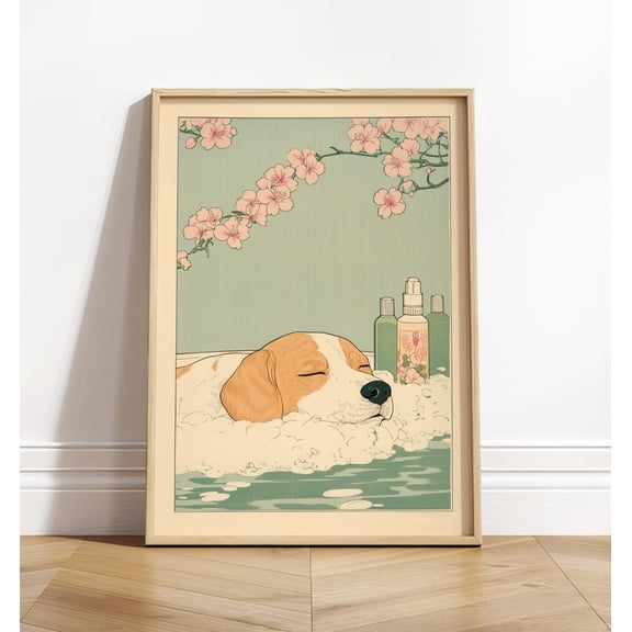 Beagle Art Print, Japanese Bathroom Wall Art, Funny Dog Print, Japandi Decor, Japan Art Print, Neutral Wall Decor, Calm Aesthetic Print Wall Art, Modern Wall Decor, 8x12 UNFRAMED