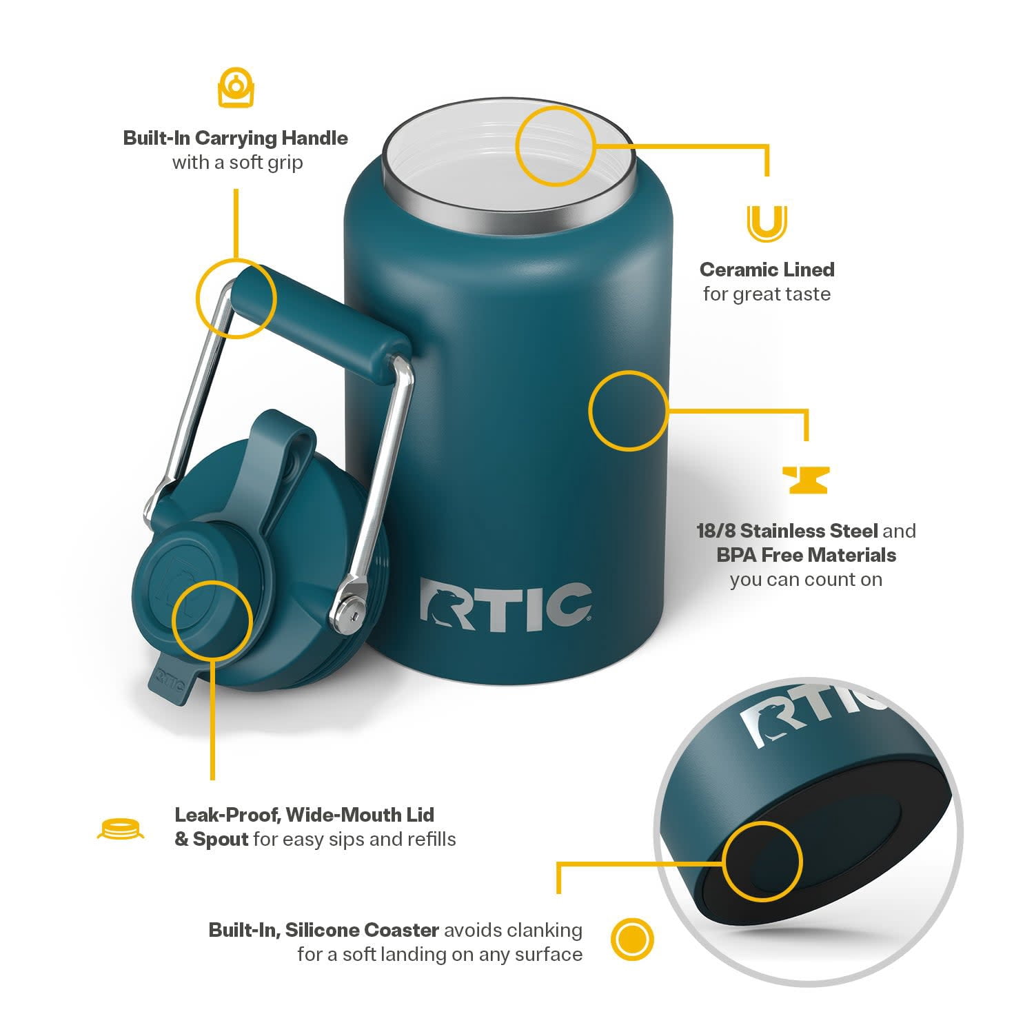 RTIC Half Gallon Ceramic Lined Insulated Outback Water Bottle Jug, Leak Proof, Marine