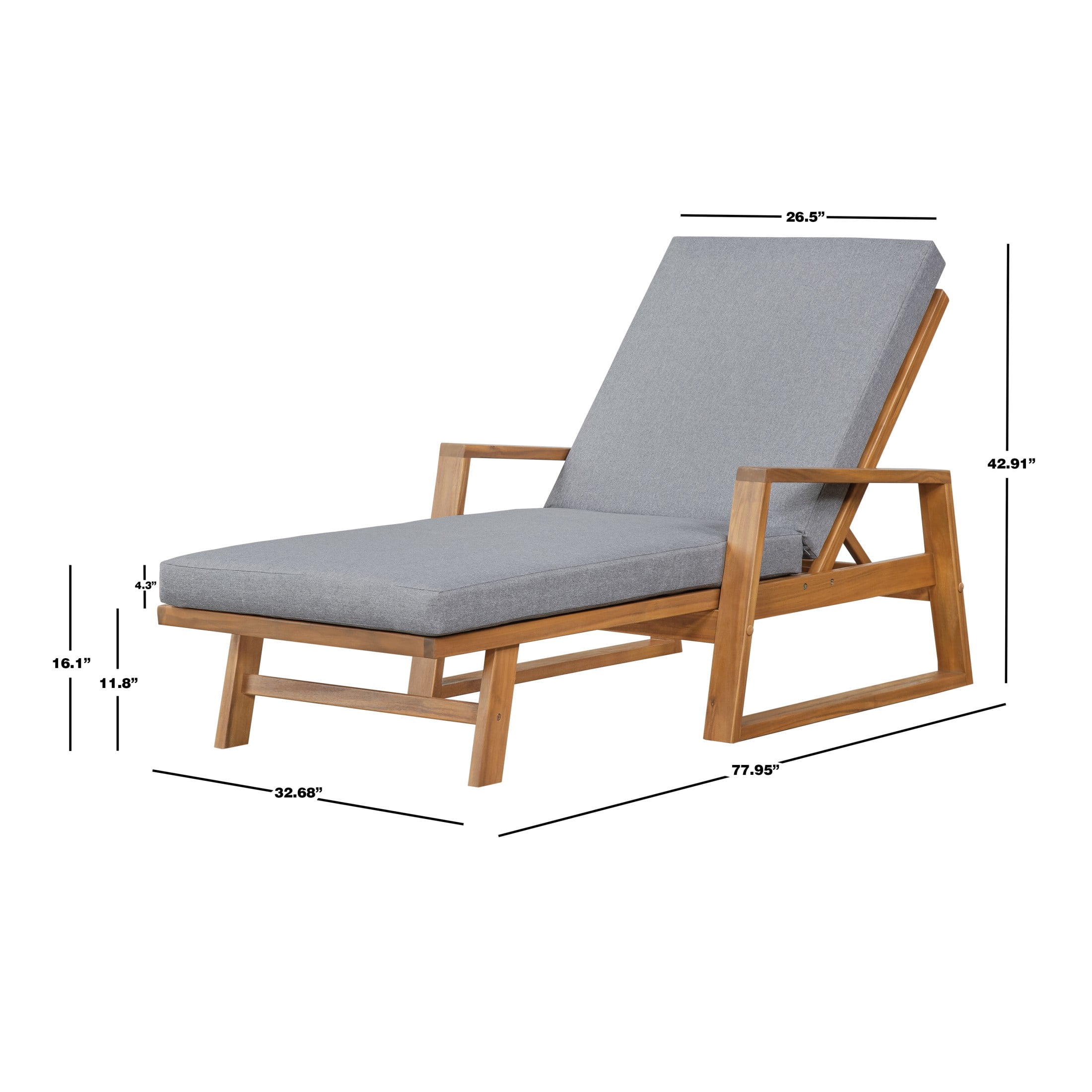 Christopher Knight Home Acacia Wood Outdoor Chaise Lounge with Adjustable Backrest and Cushion, Teak+Gray, Set of 2