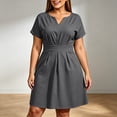 thumbnail image 5 of Karymi Plus Size Notch V-Neck A-Line Dress, Short Sleeve Waist Pleated Flare Dress with Pockets, Solid Casual Work Dress Spring Dresses for Women, 5 of 7