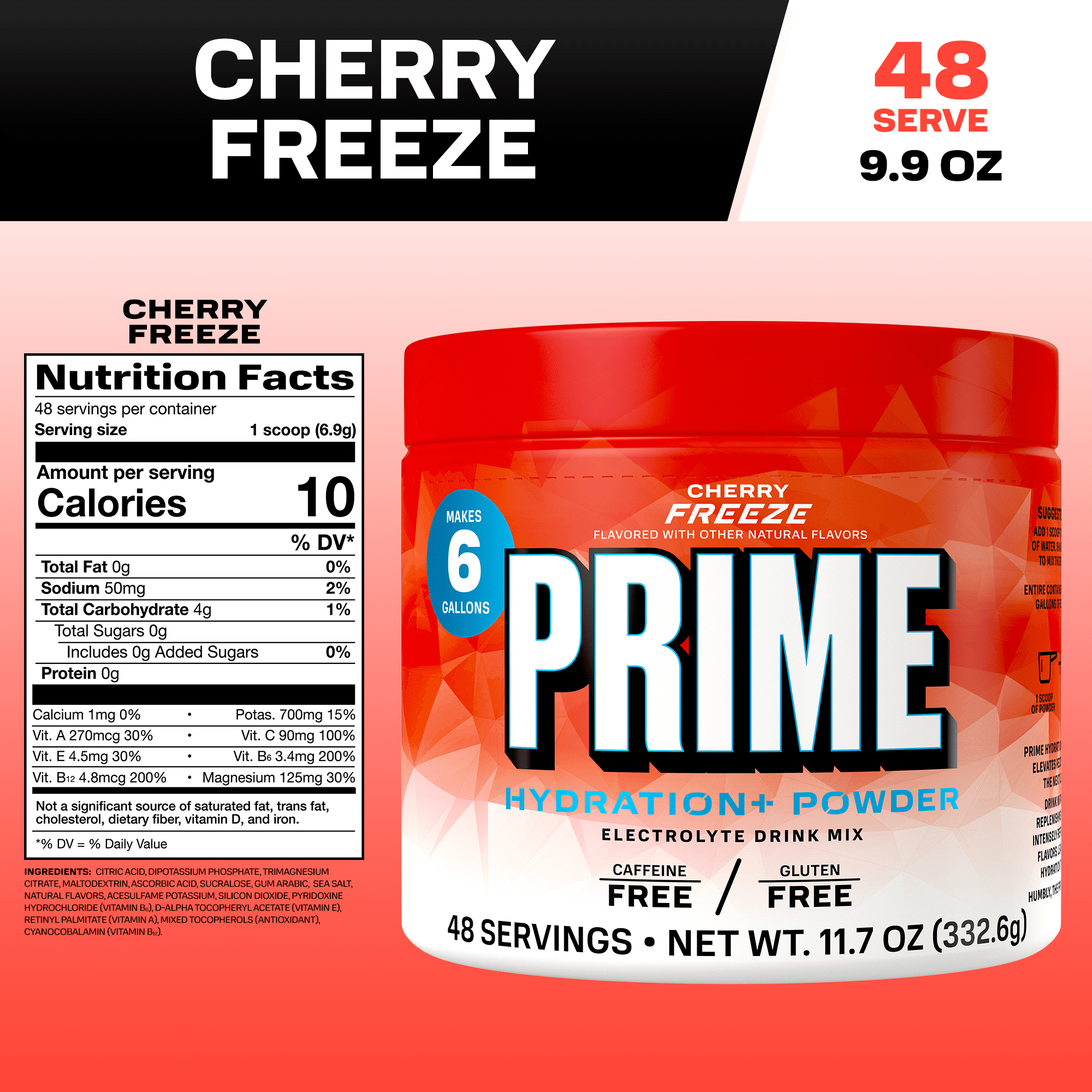 PRIME Hydration+ Cherry Freeze Electrolyte Powder, Sugar Free, 6 Gallon Tub