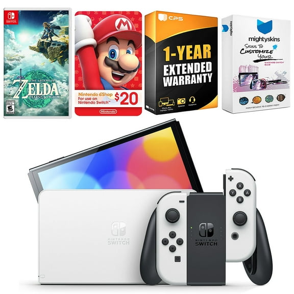 Nintendo Switch White OLED Console with The Legend Of Zelda Tears of the Kingdom, Nintendo $20 eShop Gift Card, MightySkins Console and Controller Skin Voucher, and 1 Year CPS Extended Warranty