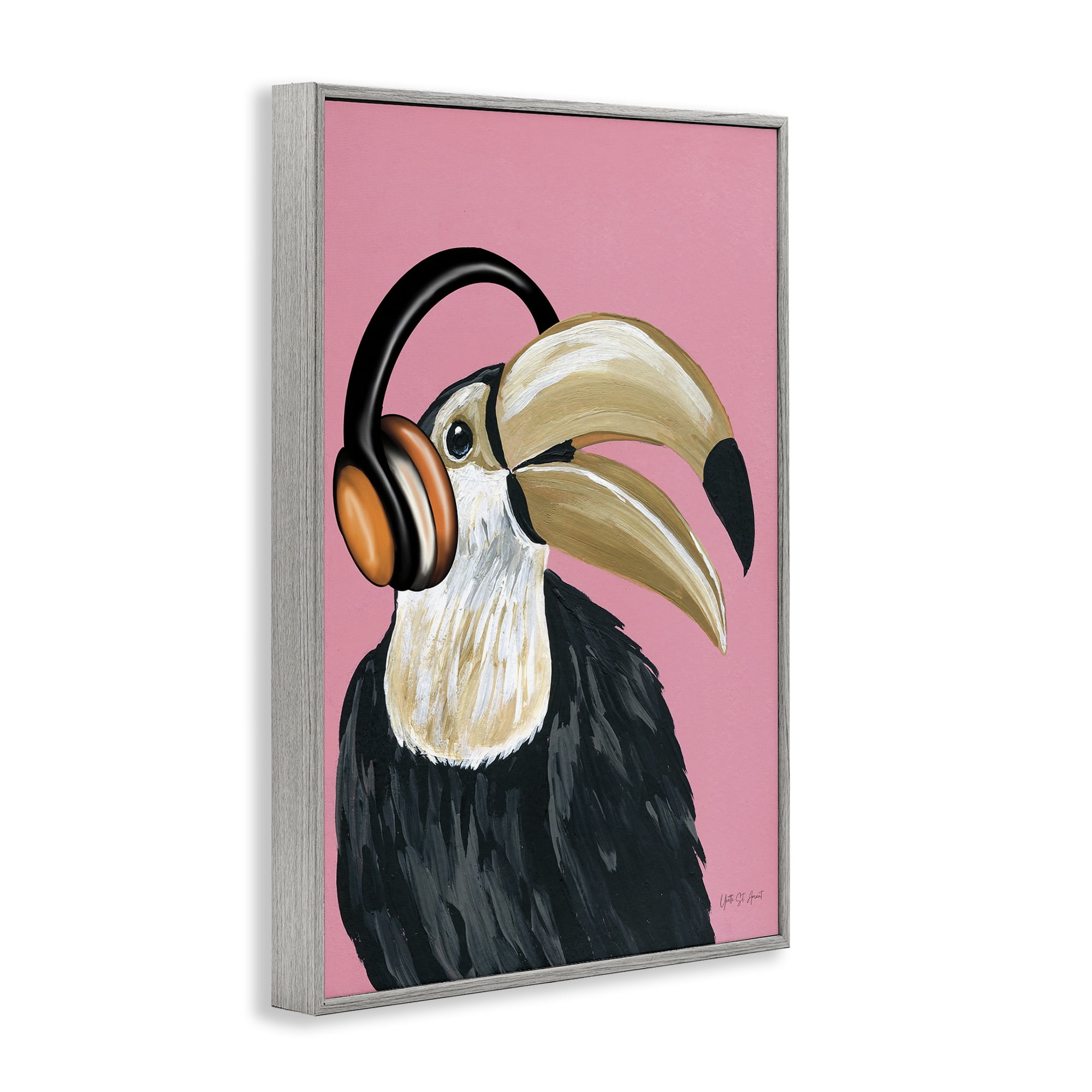Stupell Industries Toucan & Music Headphones Animals & Insects Painting Gray Framed Art Print Wall Art, 16 x 24