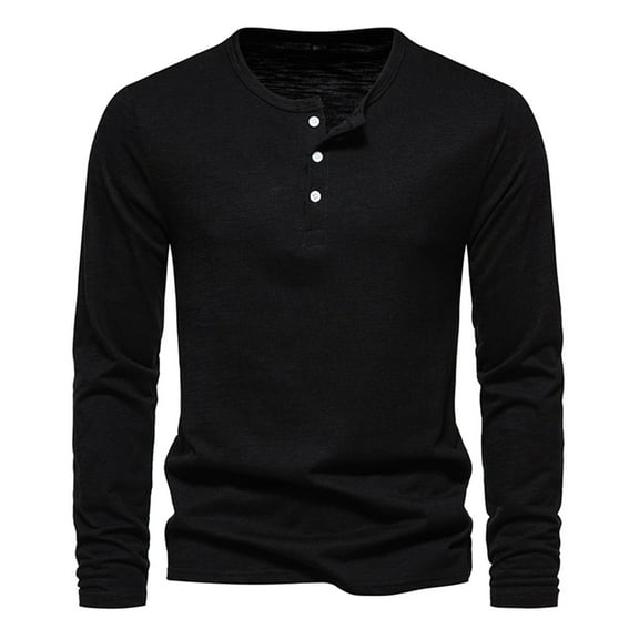 Dagegui Mens Long Sleeve T-Shirts Solid Color Crew Neck Buttons Shirt Cotton Henley Pullover Shirts Lightweight Soft Stretch Tees Fall Tops Black,M